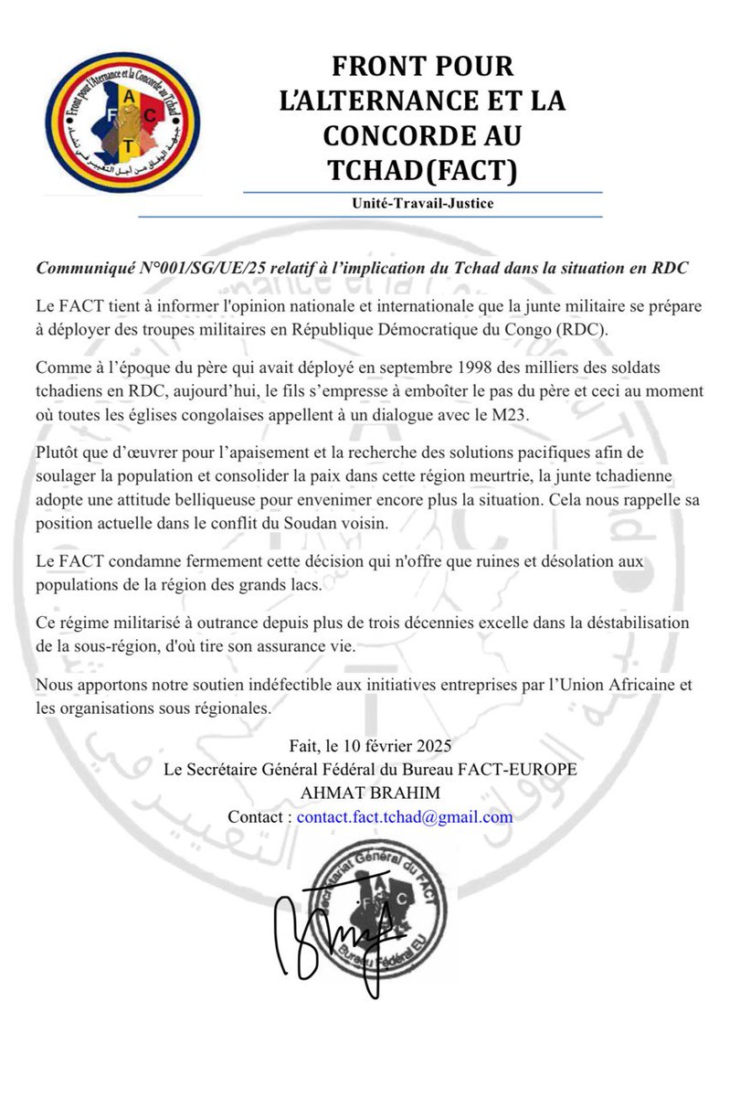 Le FACT dénonce l'envoi des troupes tchadiennes en RDC par la junte au pouvoir.