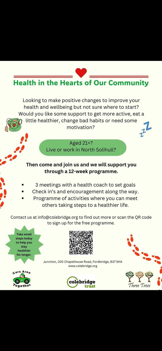We're promoting this fantastic initiative and encouraging people to join in with activities at <a href="/3Treescentre/">ThreeTreesCentre</a> in Chelmsley Wood, <a href="/Carsarea/">Cars Area</a> Auckland Hall and <a href="/colebridgetrust/">Colebridge Trust Charity & Social Enterprise</a> Junction in Fordbridge.  Prevent heart disease, live longer in better health, help others in our community.