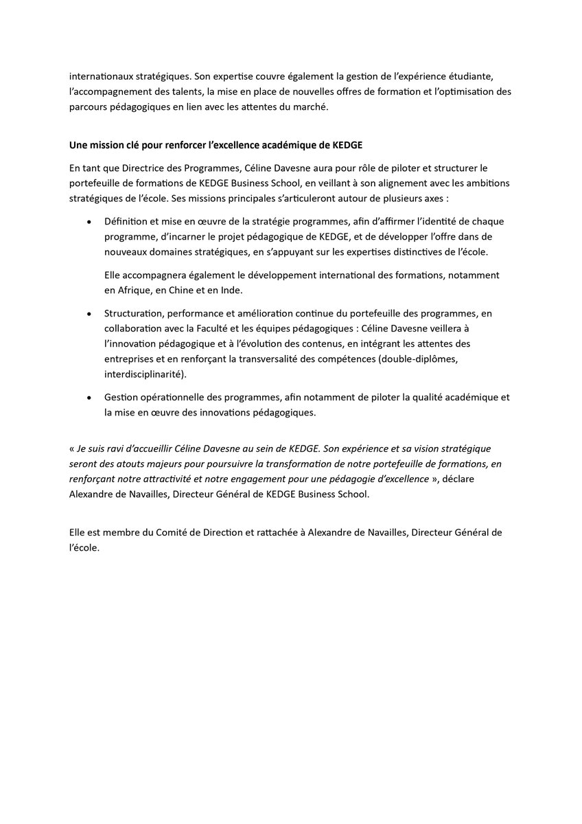 KEDGE Business School (@kedgebs) on Twitter photo #CommuniquéDePresse 📖 | KEDGE Business School annonce la nomination de Céline Davesne (<a href="/davesne_celine/">Céline Davesne</a>) en qualité de Directrice des Programmes à compter du lundi 03 février 2025.
Elle aura pour mission de piloter la stratégie et l’évolution du portefeuille de programmes de #CommuniquéDePresse 📖 | KEDGE Business School annonce la nomination de Céline Davesne (<a href="/davesne_celine/">Céline Davesne</a>) en qualité de Directrice des Programmes à compter du lundi 03 février 2025.
Elle aura pour mission de piloter la stratégie et l’évolution du portefeuille de programmes de