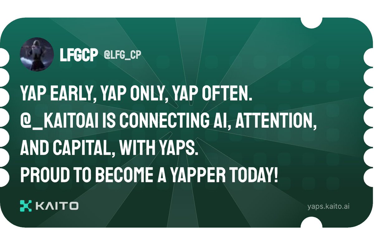 lfg_cp's tweet photo. Yap early, yap only, yap often.

@_kaitoai is connecting AI, attention and capital with Yaps.

Just claimed my social card and I'm accumulating Yap points in real-time.

Claim yours 👉 https://t.co/f3bU8icJtx https://t.co/opfU5UCyDo