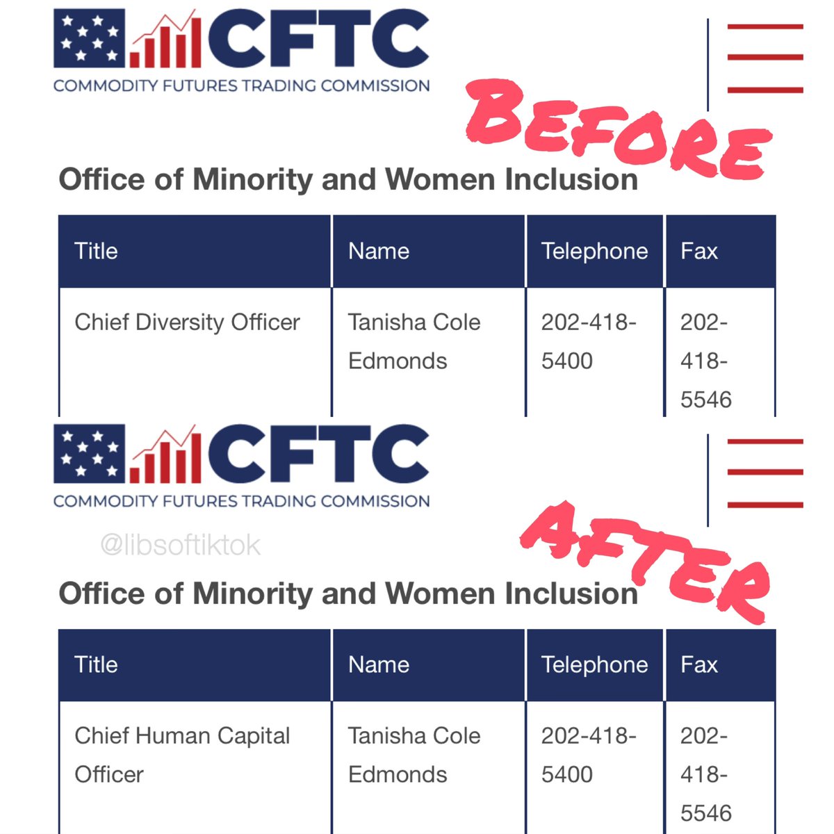 libsoftiktok's tweet image. In January, Tanisha Edmonds was the Chief Diversity Officer at the CFTC, a Federal Agency.

Her title was just changed to “Chief Human Capital Officer” to get around Trump’s DEI ban.

The @CFTC is trying to rebrand DEI to circumvent Trump’s EO. @DOGE