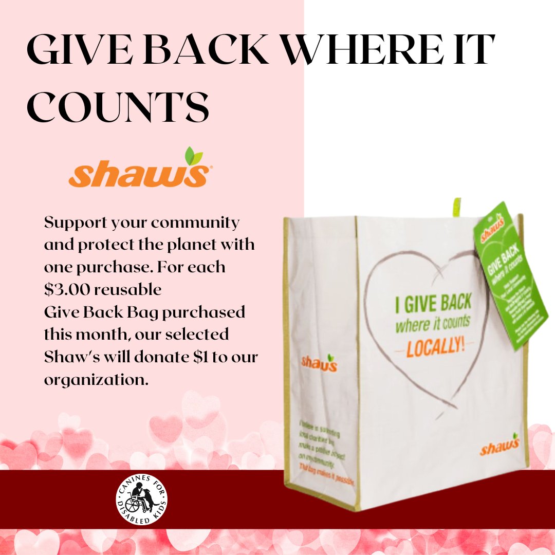 Spread the love by visiting Shaws on Stafford Street in Worcester and grabbing a $3 Shaws GIVE BACK WHERE IT COUNTS reusable bag. For every bag purchased, CDK receives $1!

#CDK #ShawsGivesBack #MakeADifference