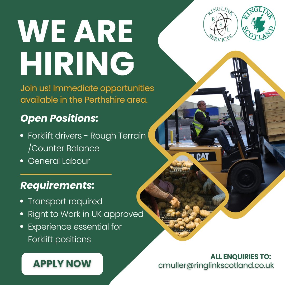 Ringlink Scotland (@ringlink) on Twitter photo Immediate opportunities available in the Perthshire area.
๐ทโโ๏ธForklift drivers - Rough Terrain / Counterbalance
๐จโ๐พGeneral labour - variety of ongoing contracts available in the local area
All enquiries to: cmuller@ringlinkscotland.co.uk or call: 01828 640456 Immediate opportunities available in the Perthshire area.
๐ทโโ๏ธForklift drivers - Rough Terrain / Counterbalance
๐จโ๐พGeneral labour - variety of ongoing contracts available in the local area
All enquiries to: cmuller@ringlinkscotland.co.uk or call: 01828 640456
