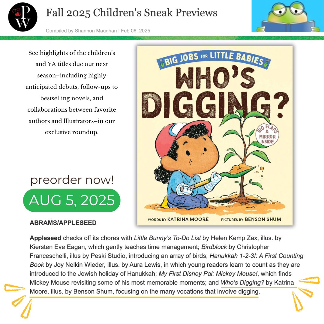kmoorebooks's tweet image. How adorable is the cover of WHO'S DIGGING? @bshum79 made it the cutest!! Can't wait for the littlest readers to dig into our new #boardbook from @abramskids Aug. 5th!❤️🌱 

🐥❤️Preorder now! abramsbooks.com/product/whos-d…