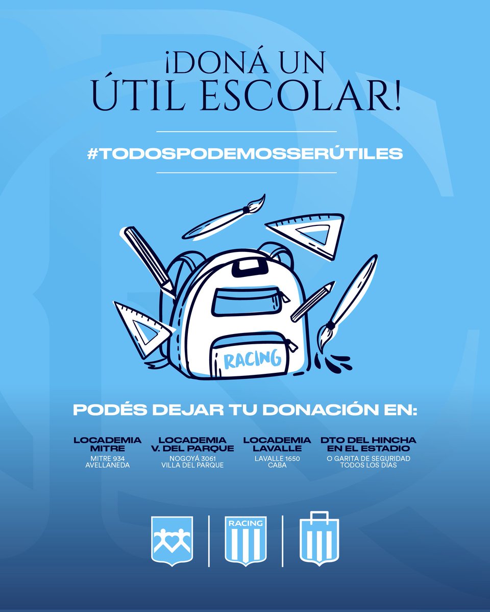 Colaborá para que todos los chicos y chicas tengan una mochila y los útiles para volver a la escuela.

Súmate a la campaña #TodosPodemosSerUtiles 🎓 

En los Locales Locademia con tu donación te llevas un 🔟% de descuento en la compra 💪🏼

#LPFSolidaria #TodosSomosÚtiles