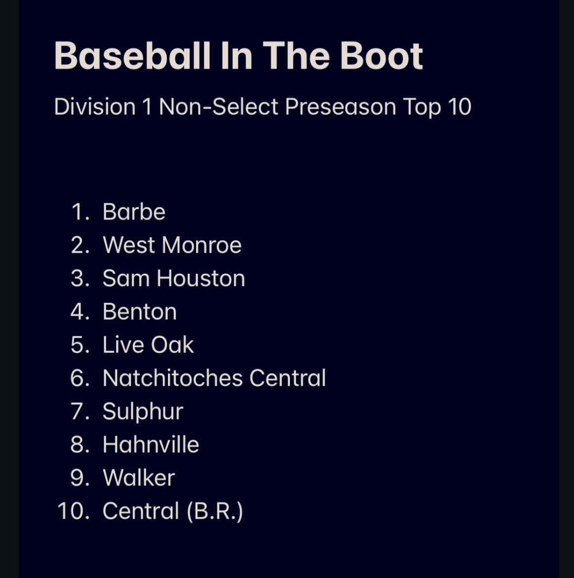 Preseason Top 10 D1 Nonselect
<a href="/BarbeBaseball71/">Barbe Baseball</a> <a href="/RebelBaseball1/">WMHS Baseball</a> <a href="/shhsbaseballmb/">SHHS Baseball</a> <a href="/BentonLATigers/">Benton High School Baseball</a> <a href="/LOHbaseball/">Live Oak High Baseball</a> <a href="/NCHS_ATH/">Natchitoches Central Athletics</a> <a href="/TorsBaseball/">Sulphur Golden Tors Baseball</a> <a href="/HHSTigerBsb/">Hahnville HS Baseball</a> <a href="/WalkerBaseball/">Walker Baseball</a> <a href="/centralBB1/">Central Baseball</a>