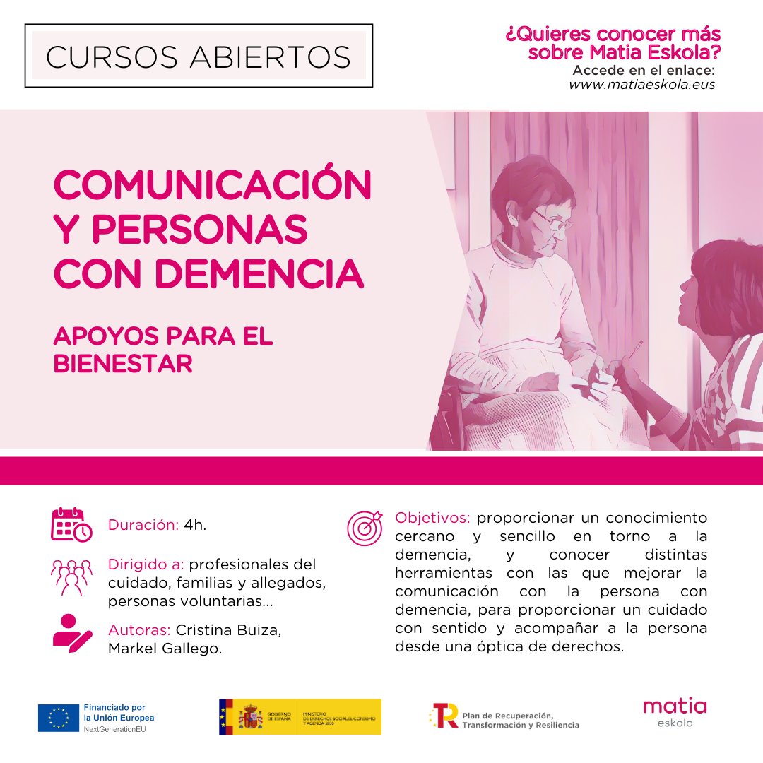 #NuevoCursoMeK🔥 |  
"Comunicación con personas con #demencia"  
La comunicación y el acompañamiento a la persona con demencia no siempre es fácil. ¿Te gustaría conocer distintas herramientas con las que mejorar dicha comunicación?

Inscripciones en: matiaeskola.eus/eu/compound-co… (1/2)