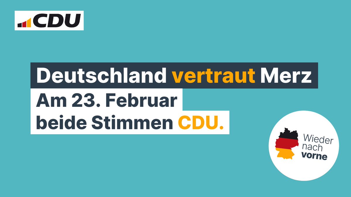 Die Menschen vertrauen Friedrich Merz — in der Wirtschaft, in der Inneren Sicherheit, in der Führung unseres Landes. Deswegen: Am 23. Februar beide Stimmen CDU. #wiedernachvorne