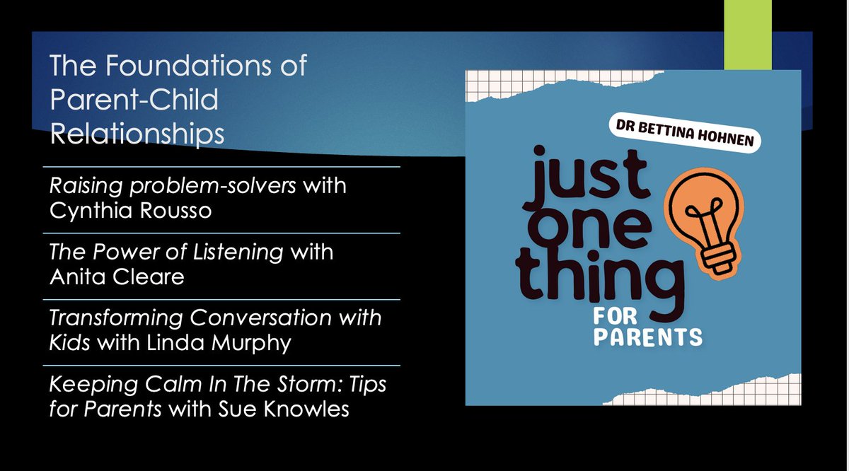I've interviewed some incredible experts on my podcast Just One Thing For Parents. Here are 4 top episodes for parents wanting to build a strong foundation in their relationship with their child. Link is here: apple.co/49eK4kq