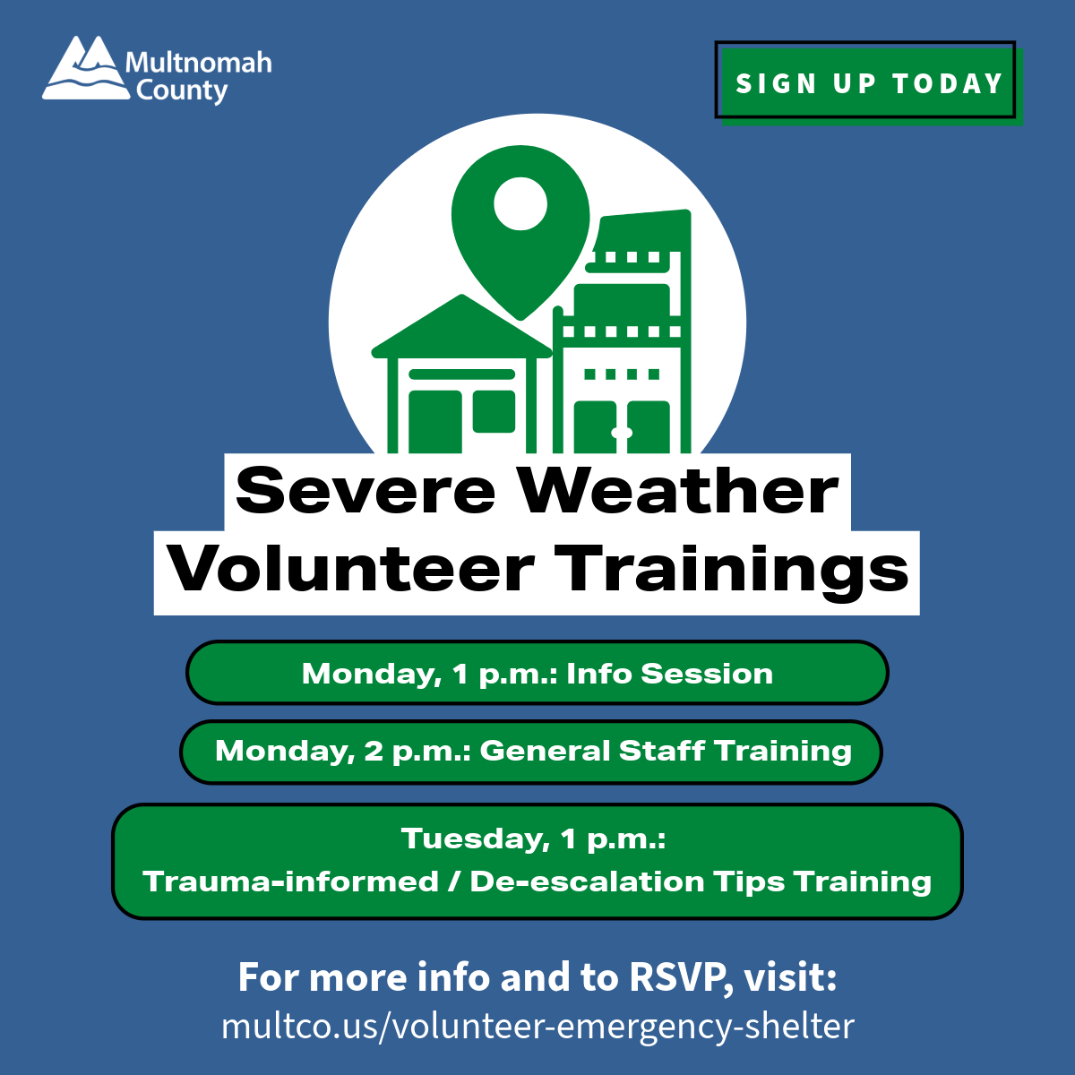 multco_hsd's tweet image. Get prepped to step up in the event @multco puts the call out for emergency shelter volunteers! Join today&apos;s 1pm Info Session or 2pm General Staff training, or Tuesday&apos;s Trauma-informed/De-escalation training! RSVP links and more trainings &amp;amp; role info at multco.us/volunteer-emer….