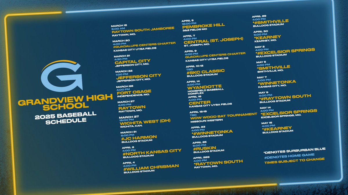 The 2025 Grandview Baseball Season is approaching us and today we release our schedule!!!

Go Bulldogs

#OnDeck25