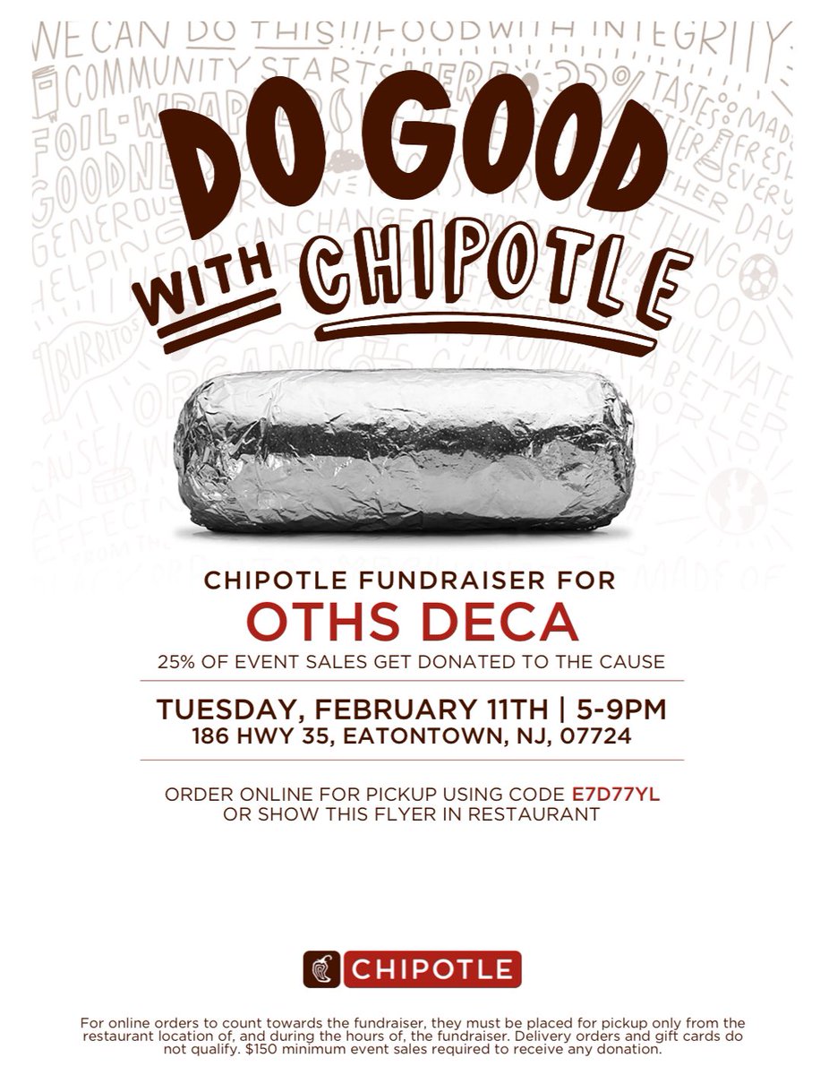 OceanDeca's tweet image. Come support OTHS DECA on February 11th 5-9pm use code E7D77YL when ordering online and mention OTHS DECA in store!! 186 HWY 35, Eatontown NJ.