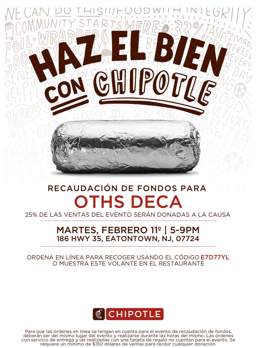 OceanDeca's tweet image. Come support OTHS DECA on February 11th 5-9pm use code E7D77YL when ordering online and mention OTHS DECA in store!! 186 HWY 35, Eatontown NJ.