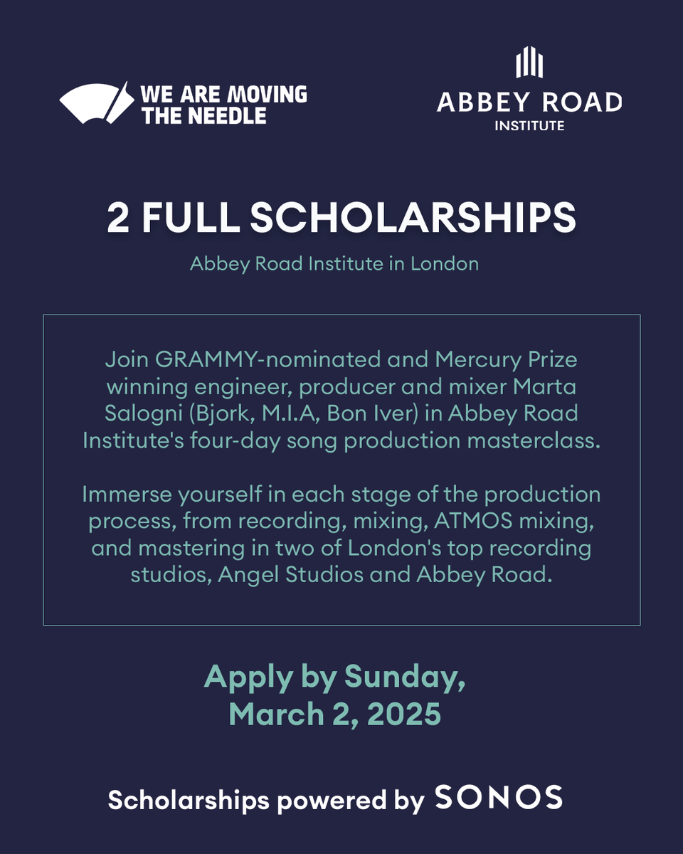 We Are Moving The Needle (@wamtn) on Twitter photo Exciting news! 🎉 We Are Moving The Needle is offering 2 FULL SCHOLARSHIPS to <a href="/AbbeyRoadInstNL/">AbbeyRoadInstituteNL</a> masterclass with <a href="/Marta_Salogni/">Marta Salogni</a>, thanks to support from our partners at <a href="/Sonos/">Sonos</a>! 🎶✨ Apply now for the chance to learn at Abbey Road & Angel Studios! 🌟 #WAMTN Exciting news! 🎉 We Are Moving The Needle is offering 2 FULL SCHOLARSHIPS to <a href="/AbbeyRoadInstNL/">AbbeyRoadInstituteNL</a> masterclass with <a href="/Marta_Salogni/">Marta Salogni</a>, thanks to support from our partners at <a href="/Sonos/">Sonos</a>! 🎶✨ Apply now for the chance to learn at Abbey Road & Angel Studios! 🌟 #WAMTN