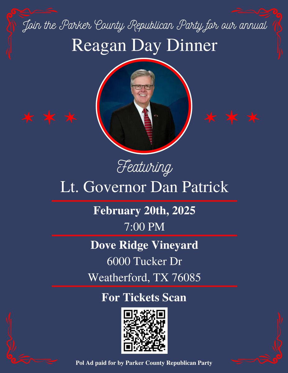 ParkerCountyGOP (@parkercountygop) on Twitter photo Our Reagan Day Dinner with <a href="/DanPatrick/">Dan Patrick</a> is in TEN days. Get your tickets here- buytickets.at/parkercountygo… Our Reagan Day Dinner with <a href="/DanPatrick/">Dan Patrick</a> is in TEN days. Get your tickets here- buytickets.at/parkercountygo…