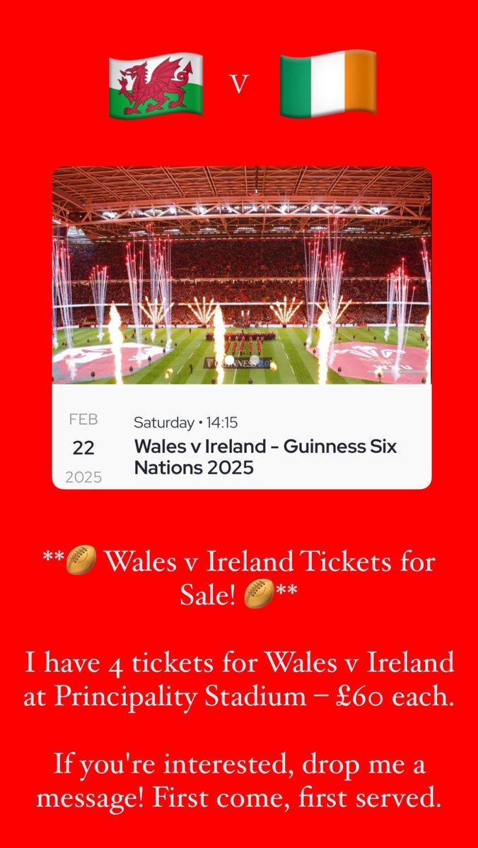I have 4 tickets available for Wales v Ireland £60 each, please message me if you interested.