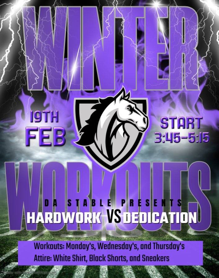 Mustangs Nation, it’s that time of year! Da Stable, will be rocking as Winter Workouts kickoff on Wednesday, February 19th @ 3:45pm. We will hold workouts on Monday’s, Wednesday’s, and Thursday’s. WHITE SHIRT and BLACK SHORTS. Let’s go!!!! <a href="/TanardoSharps/">Tanardo Sharps</a> <a href="/Ajwall08/">AJ Wallace (aiwallace@aacps.org)</a>
