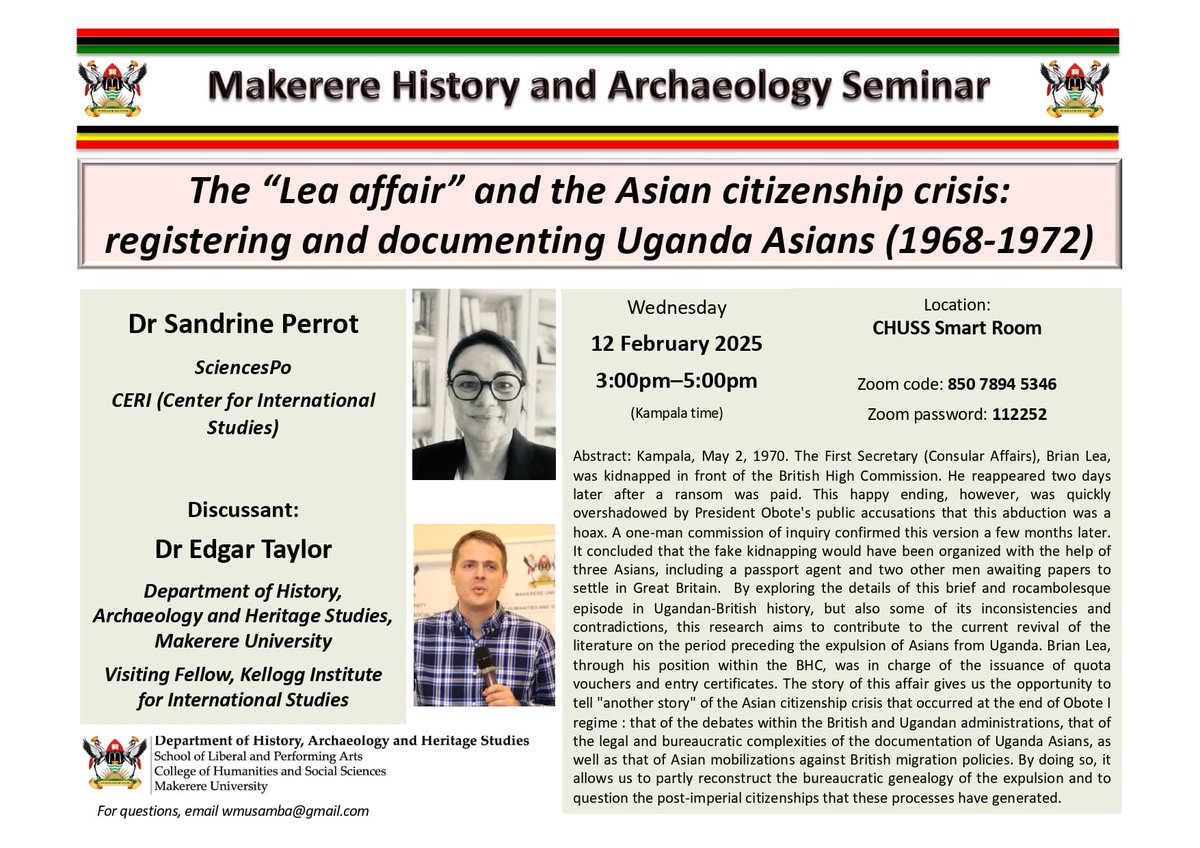 Edgar Jack Taylor (@edgarjacktaylor) on Twitter photo The next <a href="/Makerere/">Makerere University</a> History Seminar will be this Wednesday at 3pm. Dr Sandrine Perrot of <a href="/CERI_SciencesPo/">CERI Sciences Po</a> will present 'The “Lea affair” and the Asian citizenship crisis: registering and documenting Uganda Asians (1968-1972)'. See poster for details. <a href="/MakerereCHUSS/">Makerere University CHUSS</a> The next <a href="/Makerere/">Makerere University</a> History Seminar will be this Wednesday at 3pm. Dr Sandrine Perrot of <a href="/CERI_SciencesPo/">CERI Sciences Po</a> will present 'The “Lea affair” and the Asian citizenship crisis: registering and documenting Uganda Asians (1968-1972)'. See poster for details. <a href="/MakerereCHUSS/">Makerere University CHUSS</a>