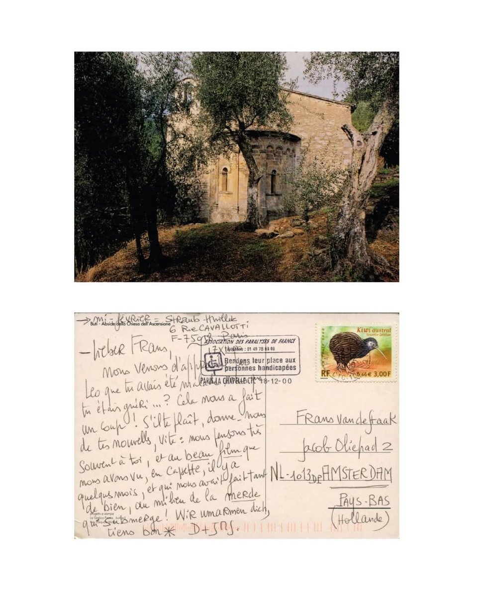 Postcard from Straub and Huillet to Frans van de Staak.

From the new book ‘Frans van de Staak. The World as Archipelago,’ edited by Manuel Asín and Carlos Saldaña, published by <a href="/PuntodVistaFest/">Punto de Vista</a>.
puntodevistafestival.com/en/punto-de-vi…