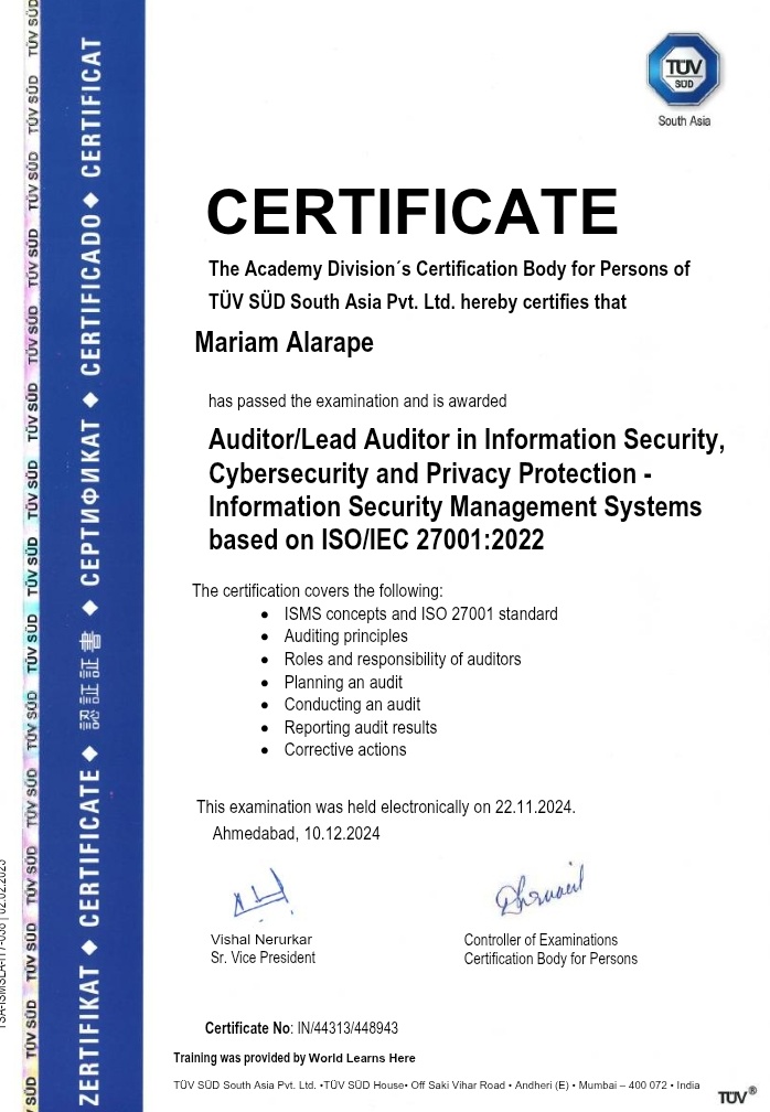 Alarape__Mariam's tweet photo. ISO/IEC 27001:2022 Lead Auditor- ISMS https://t.co/g6hoSgjIal