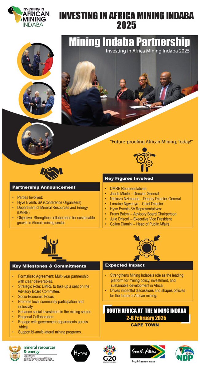DMPR_ZA's tweet photo. 🤝  @DMRE_ZA has officially partnered with @hyve_group Events SA at the #MiningIndaba2025, This collaboration strengthens our commitment to sustainable growth, local participation, and investment in Africa’s mining sector. ⛏️ #InvestInSAMining| #FutureProofingMining| #InvestSA https://t.co/jcWWmC2QeJ