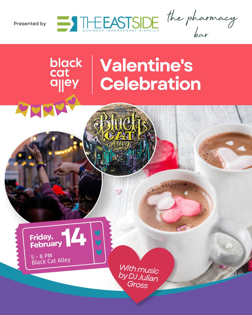 Join us on Fri, Feb 14, from 5-8 PM in Black Cat Alley for a magical night filled with music, fire pits, and sweet vibes. DJ Julian Gross will be spinning tunes to set the mood while you sip on free hot cocoa from The Pharmacy Bar and enjoy complimentary s’mores kits by the fire.