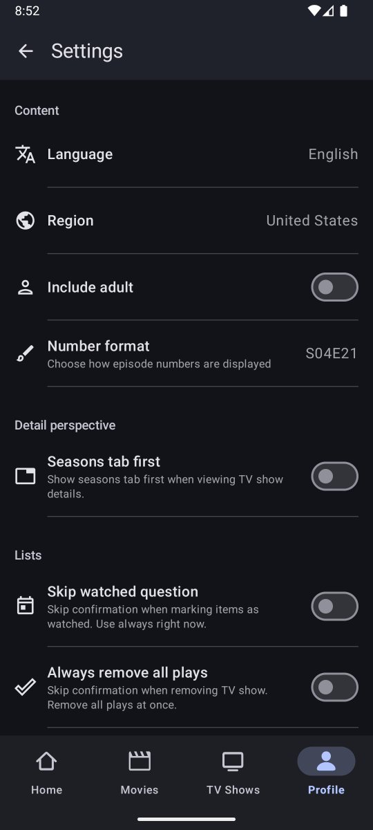 Moviebase 5.2.5 has been fully released 🎉

• New action buttons on the details page
• All ratings are visible on the details page
• Availability of JustWatch entries 
• Updated design for the settings page.
• New onboarding flow