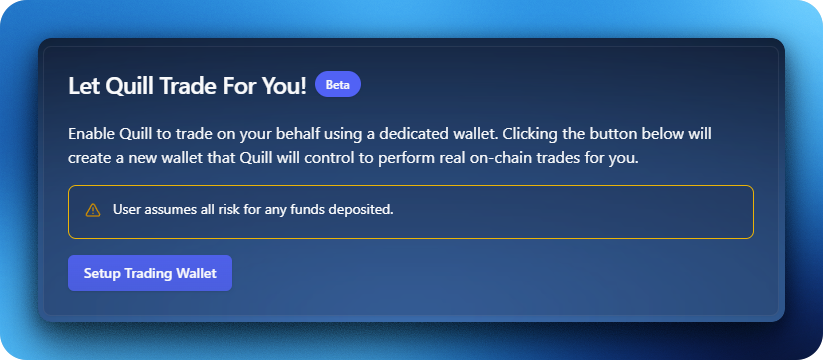 To begin Live Trading, go to the Discover Agents page, select an Agent that currently has the Live Beta tag, and click on Setup Trading Wallet. This will create a wallet you can fund that the Agent will begin trading for you.