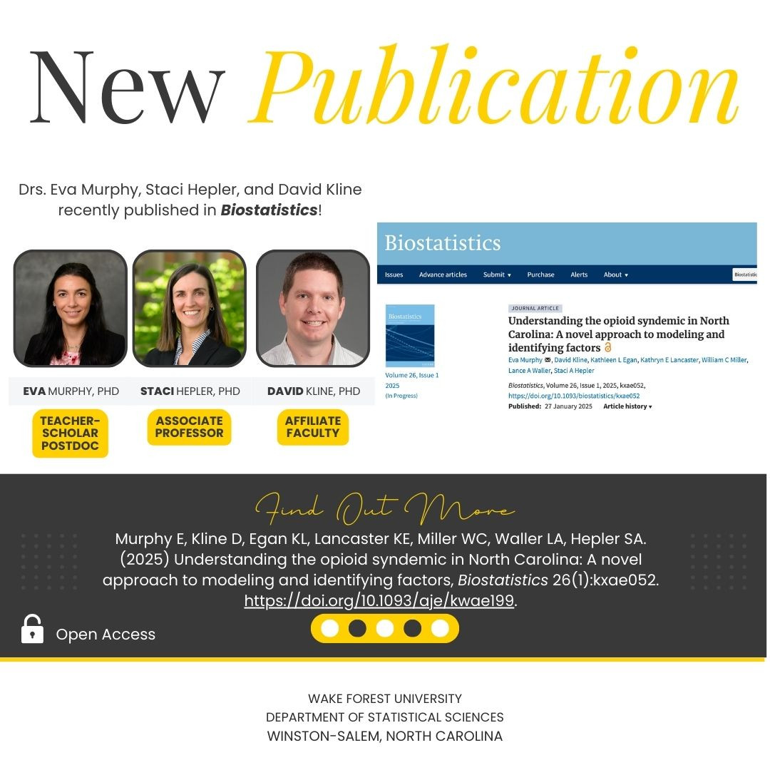 Wake Forest Stats (@wakeforeststats) on Twitter photo 🎉 New week, new pub! The first 2025 issue of Biostatistics feat. work by <a href="/WakeForest/">Wake Forest University</a> Stats! Eva Murphy (Teacher-Scholar Postdoc), David Kline (Affiliate Faculty), and <a href="/StatStaci5/">Staci Hepler</a> (Assoc Chair/Assoc Prof) propose understanding the opioid syndemic through factor modeling. 🎉 New week, new pub! The first 2025 issue of Biostatistics feat. work by <a href="/WakeForest/">Wake Forest University</a> Stats! Eva Murphy (Teacher-Scholar Postdoc), David Kline (Affiliate Faculty), and <a href="/StatStaci5/">Staci Hepler</a> (Assoc Chair/Assoc Prof) propose understanding the opioid syndemic through factor modeling.