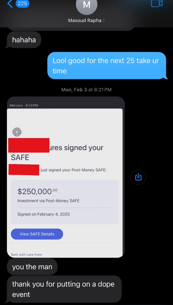 Had a founder come to Alif Summit and walk away with an extra $250k.

<a href="/MasoudByDesign/">Masoud Ardestani</a> (Alif Batch 0) struck up a convo with one of the VCs that was at our conference.

10 minutes later, he came up to me and said he just opened his fundraise.

Two days later, I got this text.