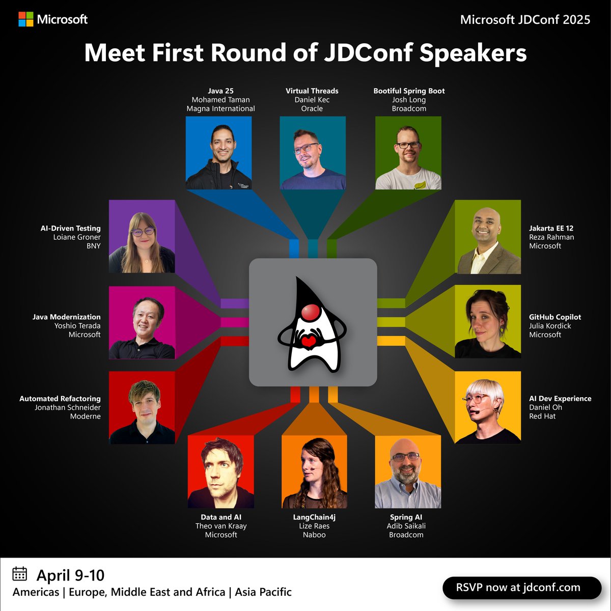 Here is the first round of JDConf sessions. We aimed for balance, so there should be something for every Java developer. The event is free and online. More soon. aka.ms/meet-speakers