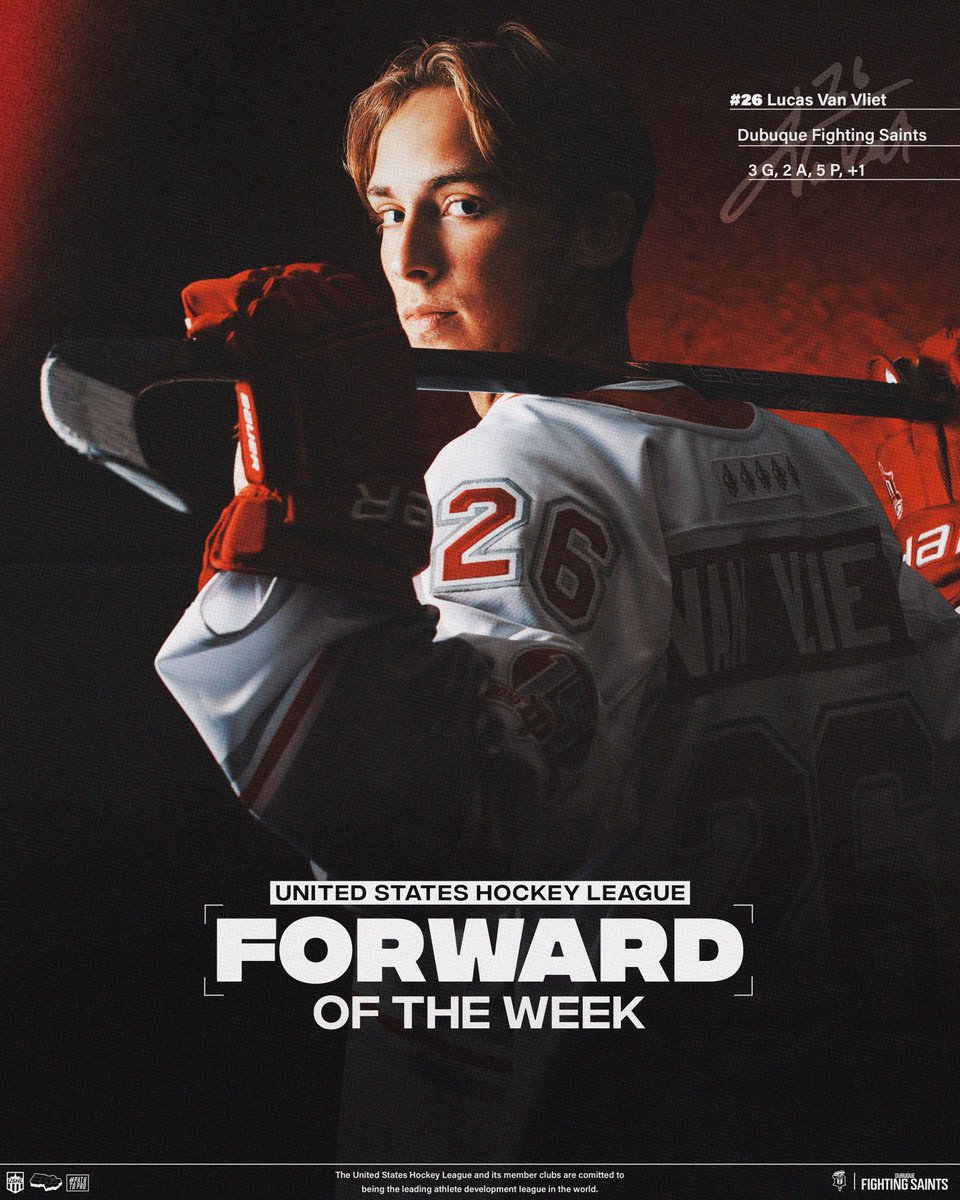 USHL's tweet image. Lucas Van Vliet is your #USHL Forward of the Week 🏆

The @fightingsaints forward and @GoldenKnights draft pick scored three goals and added a pair of assists this week.

📝 shorturl.at/0hsfO