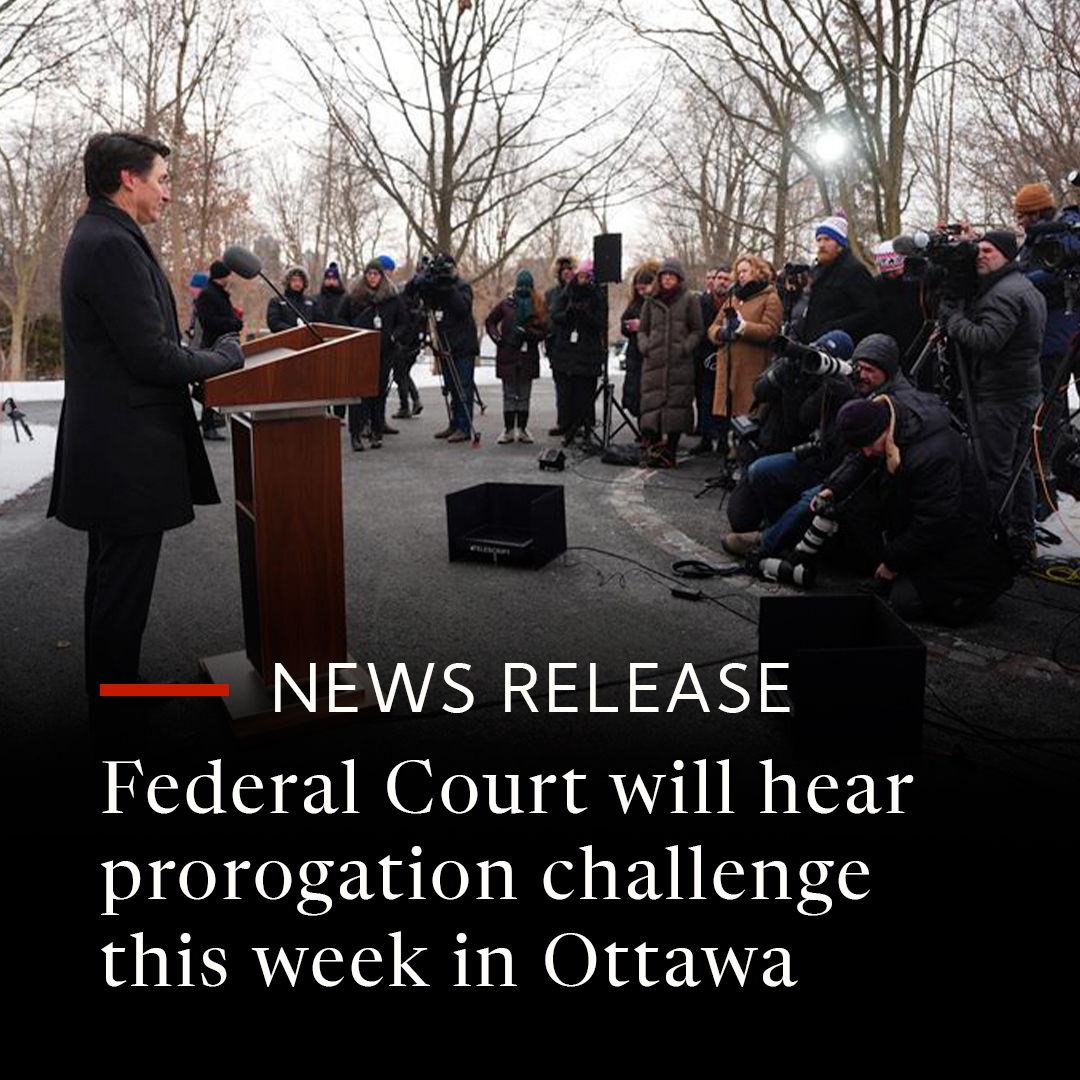PROROGATION CHALLENGE UPDATE
 
The Federal Court will hear the constitutional challenge to the decision to prorogue Parliament on Thursday and Friday, February 13 and 14. 
 
Read the full story and register for the virtual hearing here:
jccf.ca/federal-court-…
 
Lawyers