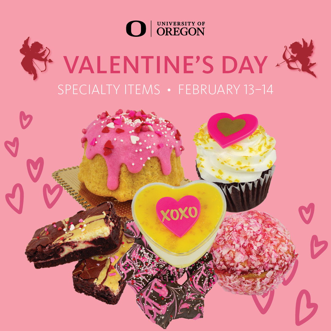 uohousing's tweet image. Happy Week 6, Ducks! 🦆

Valentine's Day is this Friday, and for two days only, these special treats will be available around campus! So treat yourself or a special someone to a specialty item. ❤️ 
#valentinesday #treats #uoregon