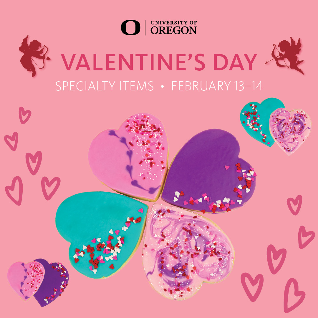 uohousing's tweet image. Happy Week 6, Ducks! 🦆

Valentine's Day is this Friday, and for two days only, these special treats will be available around campus! So treat yourself or a special someone to a specialty item. ❤️ 
#valentinesday #treats #uoregon