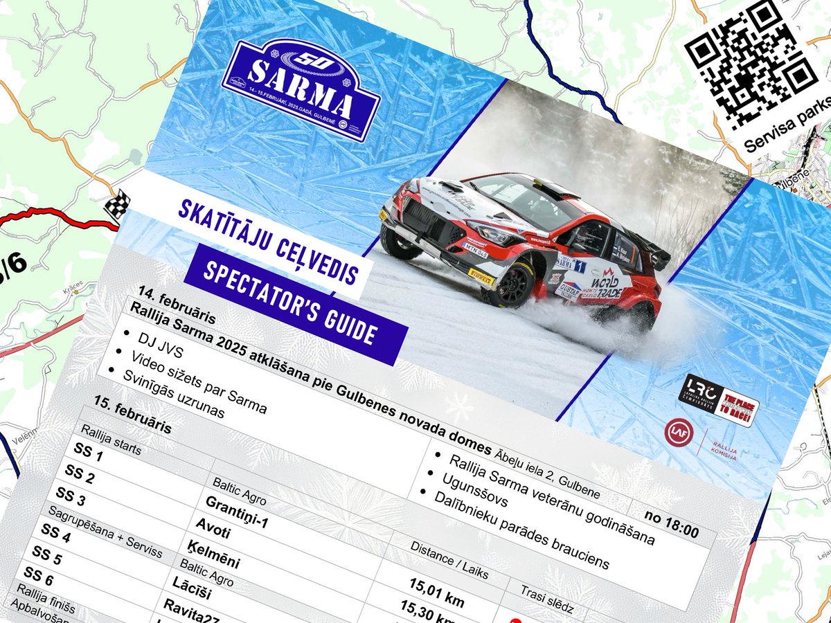 🇱🇻 Šodien publicējām Rally Sarma skatītāju ceļvedi. Ar to iespējams iepazīties autorally.lv. Būtiskākās izmaiņas ir samazināts QR kodu skaits - šogad katram ātrumsposmam ir viens QR kods, kas ļauj atrast iepriekš ieprogrammētos navigacijas maršrutus visiem punktiem.