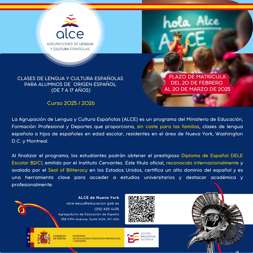 🎉 ¡La matrícula para ALCE Nueva York ya está abierta! 📚✨

🗓️ Del 20 de febrero al 20 de marzo, inscripciones abiertas para niños y adolescentes de 7 a 17 años. 🎓 Clases gratuitas, avaladas por el Ministerio de Educación, para fortalecer su lengua y cultura españolas.