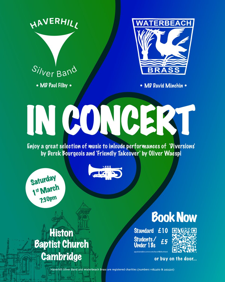 Waterbeach Brass (@waterbeachband) on Twitter photo In just under 3 weeks, the band will be taking to the stage at Histon Baptist Church in conjunction with <a href="/HaverhillBand/">Haverhill Silver Band</a>. The programme is shaping up to be very exciting, including both bands respective Regionals contest test pieces. Tickets available in person and online! In just under 3 weeks, the band will be taking to the stage at Histon Baptist Church in conjunction with <a href="/HaverhillBand/">Haverhill Silver Band</a>. The programme is shaping up to be very exciting, including both bands respective Regionals contest test pieces. Tickets available in person and online!