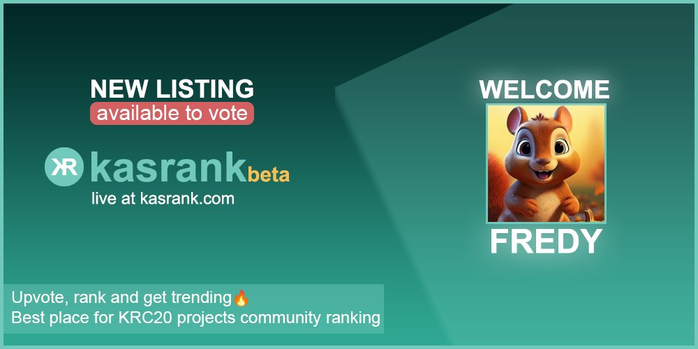 New #KRC20 listing‼️
<a href="/Fredy_on_kas/">FREDY</a> is now available for voting and ranking at kasrank.com 🎉 :

kasrank.com/coinlist/fredy 👈

Show us the power of $FREDY community💪

$KAS #kaspa