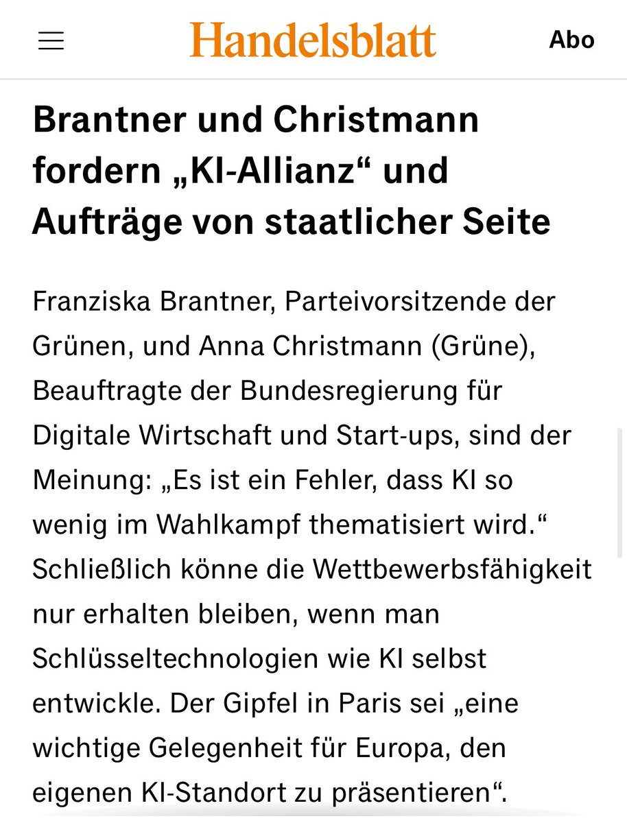 Franziska Brantner (@fbrantner) on Twitter photo Unpopulair opinion: Aber andere Themen bleiben nicht liegen, wenn sie gerade mal nicht im Fokus stehen. <a href="/annachristmann/">Anna Christmann</a> und ich finden, Deutschland und Europa müssen jetzt bei KI spurten. Dazu gehört auch ein Kl-Investitionspaket mit Mitteln im zweistelligen Milliardenbereich und Unpopulair opinion: Aber andere Themen bleiben nicht liegen, wenn sie gerade mal nicht im Fokus stehen. <a href="/annachristmann/">Anna Christmann</a> und ich finden, Deutschland und Europa müssen jetzt bei KI spurten. Dazu gehört auch ein Kl-Investitionspaket mit Mitteln im zweistelligen Milliardenbereich und