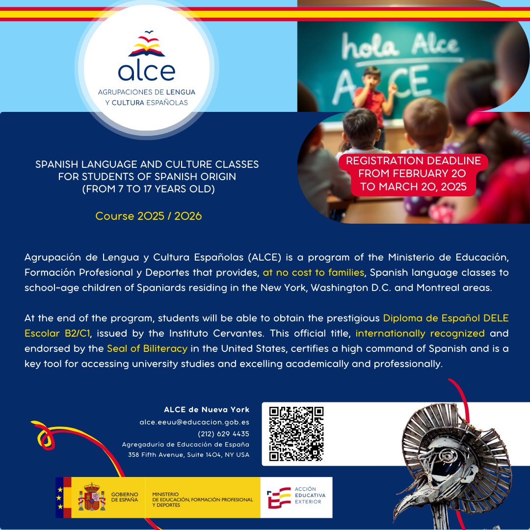 🎉 Enrollment for ALCE New York is now open! 📚✨

🗓️ From February 20 to March 20, registration is open for children and teens aged 7 to 17. 🎓 Free classes, endorsed by the Ministry of Education, to strengthen their Spanish language and cultural ties.
