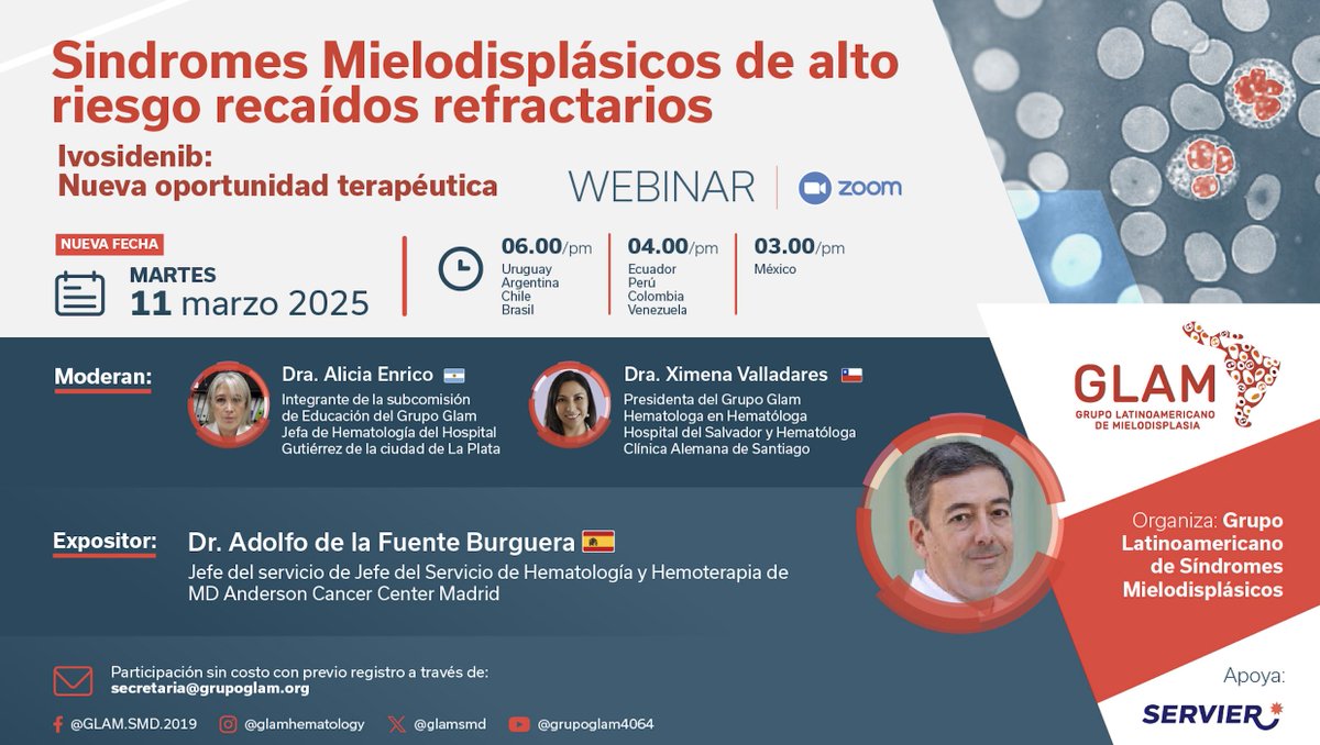 Este 11 de marzo nos juntamos para hablar de SMD de alto riesgo y las opciones terapéuticas para pacientes refractarios y recaídos con el Dr. Adolfo de la Fuente <a href="/MDAndersonNews/">MD Anderson Cancer Center</a> <a href="/claramattosenri/">Alicia Enrico</a> <a href="/VtXime/">XimeVT</a> #SMD #ALTORIESGO. No dejes de participar!