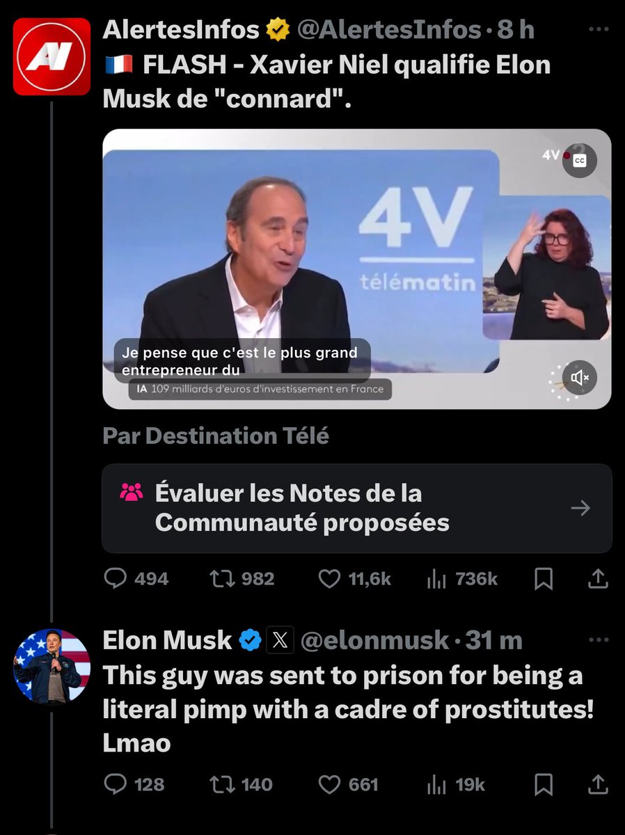 𝒮𝒶𝓇𝒶𝒽 𝕏 on X: "Réponse de Musk : « Ce type a été envoyé en prison pour avoir été un proxénète avec un groupe de prostituées ! » ( En 2004, Xavier