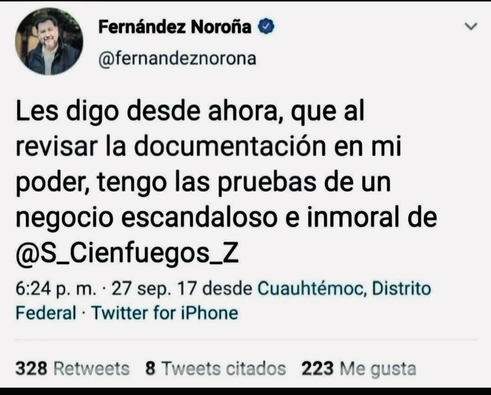 Será que <a href="/fernandeznorona/">Fernández Noroña</a> aún conserva las pruebas de este negocio escandaloso e inmoral de Salvador Cienfuegos y que nos haga el favor de hacerselas llegar a <a href="/Claudiashein/">Claudia Sheinbaum Pardo</a> a ver si sigue opinando lo mismo?