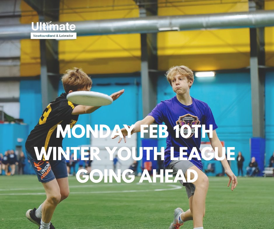 👀 Notice: 2025 Winter Youth League Players! Monday, February 10th Ultimate league tonight is going ahead as scheduled! See everyone at the Techniplex!