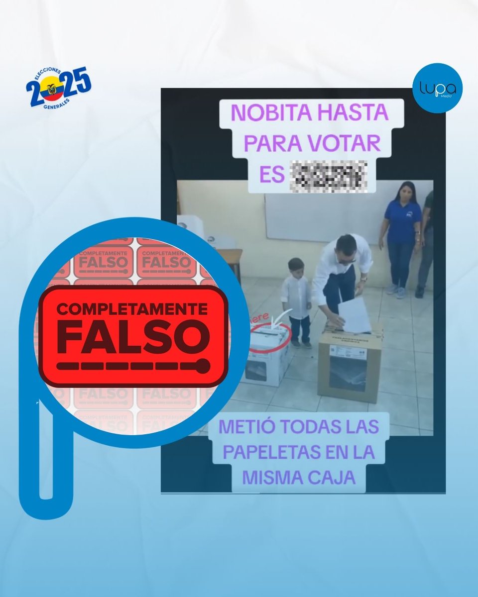 LupaMediaEC's tweet photo. 🔍#FactCheckViral | ❌Un video que circula en redes sociales ha sido editado para difundir información falsa, afirmando que el presidente y candidato Daniel Noboa depositó todas las papeletas en una sola urna. Sin embargo, esto es falso. La transmisión en vivo muestra claramente que las depositó en las urnas correspondientes.
Te explicamos más⬇️
¿Qué verificamos?
Un video viral asegura que el candidato-presidente Daniel Noboa colocó todas las papeletas en una sola urna.
¿Por qué es completamente falso?
El video es un contenido editado que solo muestra una parte del proceso de votación de Daniel Noboa.
¿Qué dice la evidencia?
◆El video viral fue editado, muestra solo un fragmento del proceso de votación de Daniel Noboa.
◆ Daniel Noboa ejerció su derecho al voto y, antes de depositar la papeleta en la urna blanca, la mostró a la prensa, evidenciando que votó por sí mismo. Luego, votó por el resto de dignidades y colocó las demás papeletas en la urna de color cartón.
Contexto
El candidato presidente Daniel Noboa acudió la mañana del 9 de febrero de 2025 a la institución educativa Antonio Moya Sánchez, en Olón, provincia de Santa Elena, para ejercer su derecho al voto.
Según los resultados del Consejo Nacional Electoral, con corte a las 14:30 del 10 de febrero de 2025, Daniel Noboa alcanza el 44.26% de los votos, mientras que la candidata del correísmo, Luisa González, obtiene el 43.84%.
Conclusión
COMPLETAMENTE FALSO: El video que circula en redes sociales, en el que se asegura que Daniel Noboa depositó todas las papeletas en una sola urna, está editado y no muestra el proceso completo. Esto genera desinformación y busca desacreditar al candidato.
🔍Fuentes:
Pública FM
https://t.co/zy0z4VvaIy
El Comercio-
https://t.co/ZYwZ3bQUs2
Lupa Media - Verificación 9/02/2025 https://t.co/m5krKtd37P