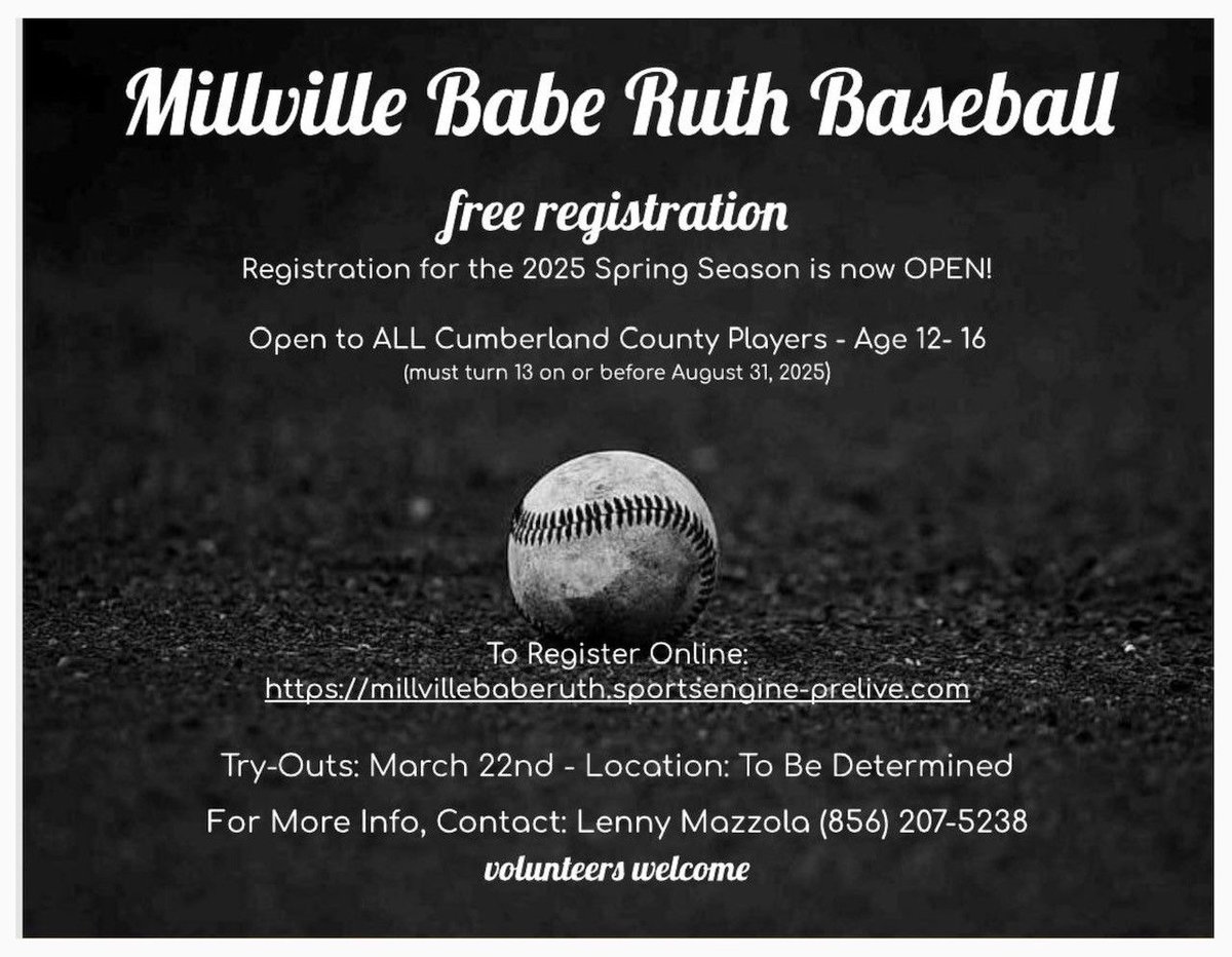 Baseball season is upon us! Millville Babe Ruth registration is now OPEN!! Use this link to register online! buff.ly/42R6nN8