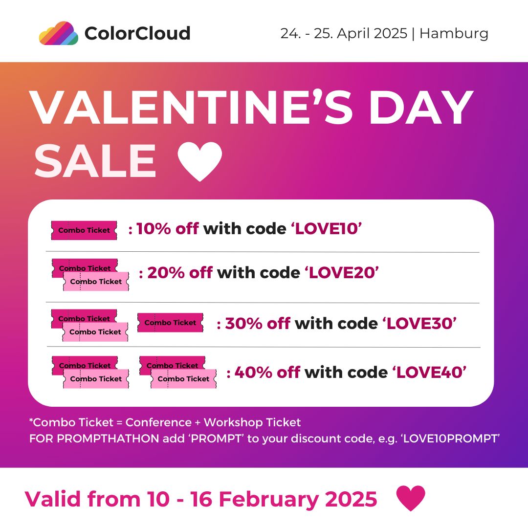 💕Happy Valentine’s week everyone!💕

At ColorCloud we support all kinds of couples 😍 (and of course singles!🫶🏼)
Check out our Valentine's Day Sale where you can get awesome discounts on your workshop + conference combo tickets!

🎟️Tickets via: buff.ly/3Oh8qSn
