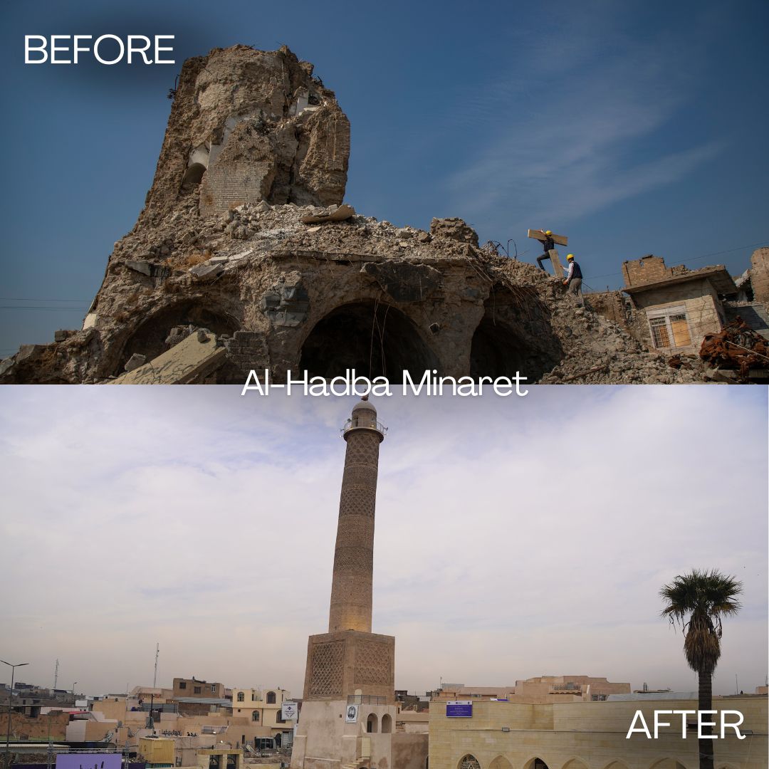 UNESCO's tweet photo. From devastation to renewal, the restoration of Mosul’s historic landmarks is a testament to hope, resilience, and global solidarity.

📸 Before &amp; After: Witness the incredible transformation.

#ReviveTheSpiritOfMosul
