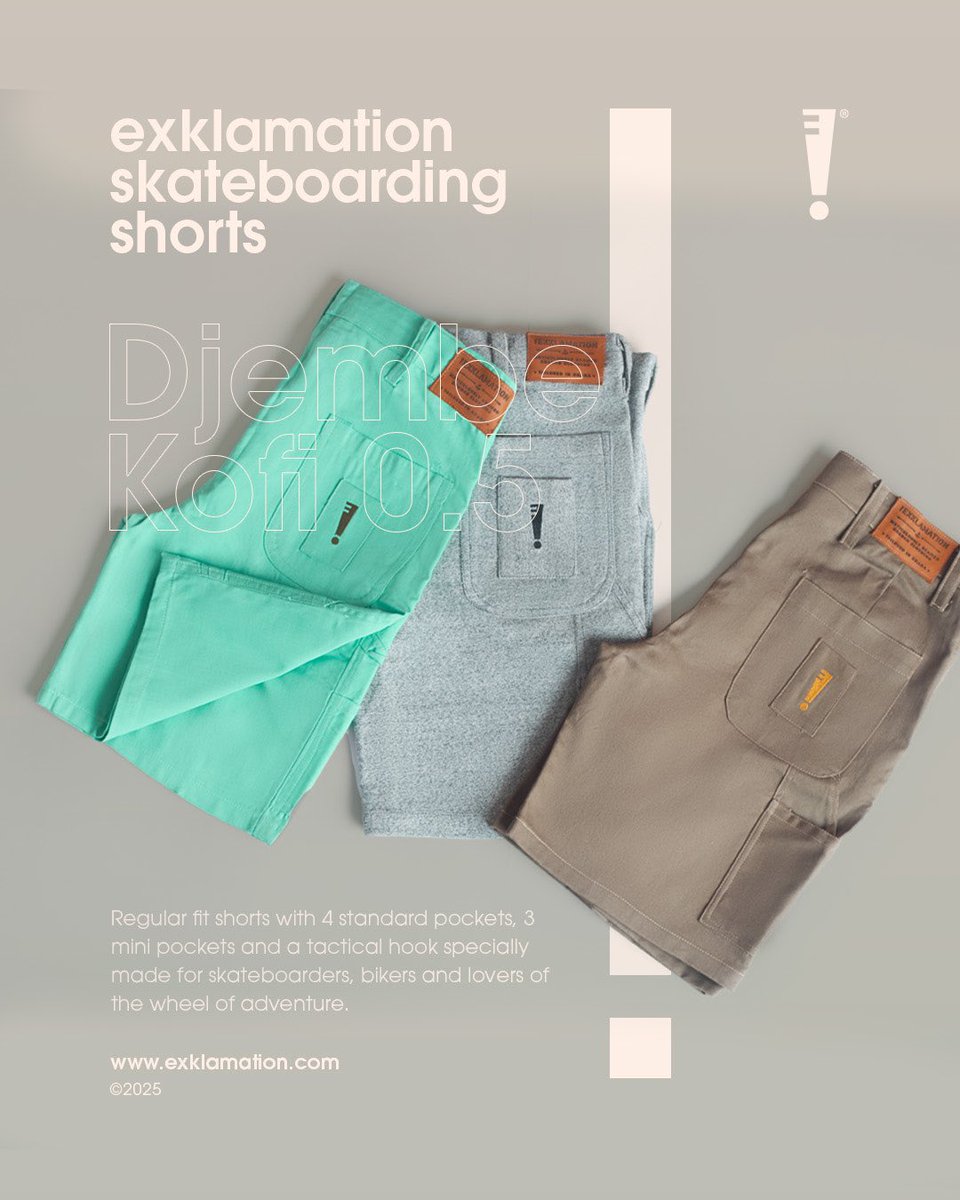 exklamation_'s tweet photo. Introducing our new skateboarding shorts, Djembe Kofi 0.5. Made of khaki, it has 4 regular pockets, 3 mini pockets and a tactical hook hook. Selling at 300ghc. 

Photography: @KweiksLive 
Graphics: @motusghana https://t.co/wCjjwQLjOX